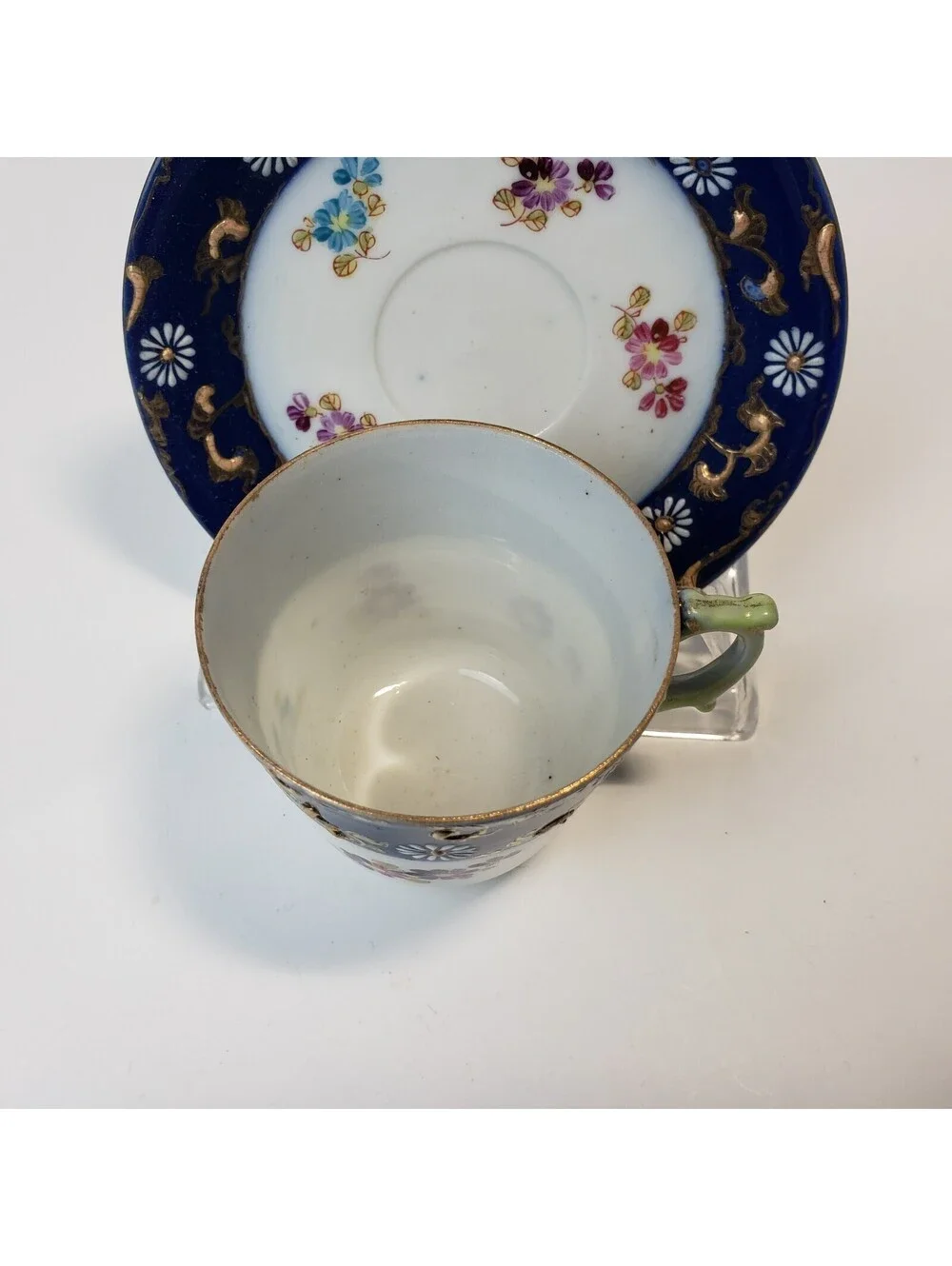 Vintage Porcelain Demitasse Teacup & Saucer  Moriage Cobalt Blue HP Floral Japan